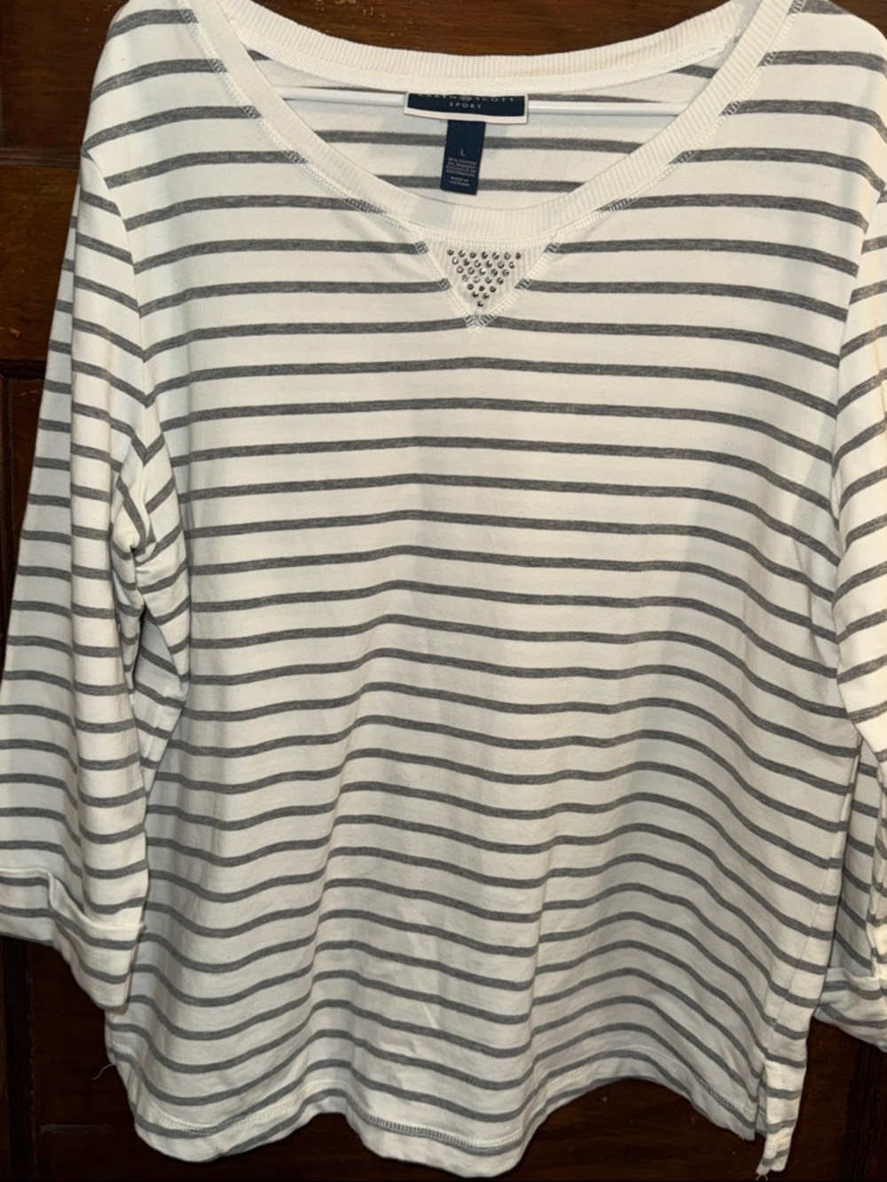 Karen Scott White and Gray Striped Long Sleeve Tee